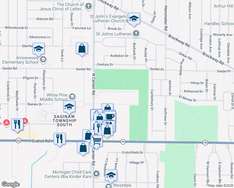 map of restaurants, bars, coffee shops, grocery stores, and more near 4 Center Woods Drive North in Saginaw