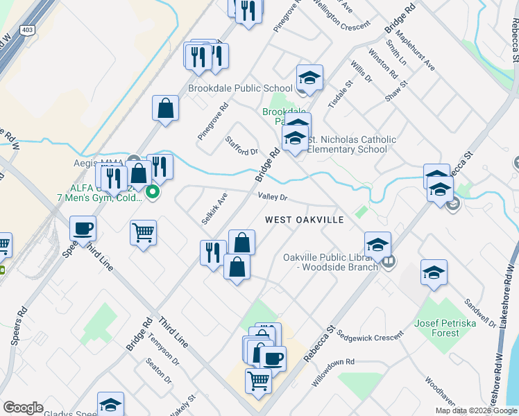map of restaurants, bars, coffee shops, grocery stores, and more near 1337 Waverly Avenue in Oakville