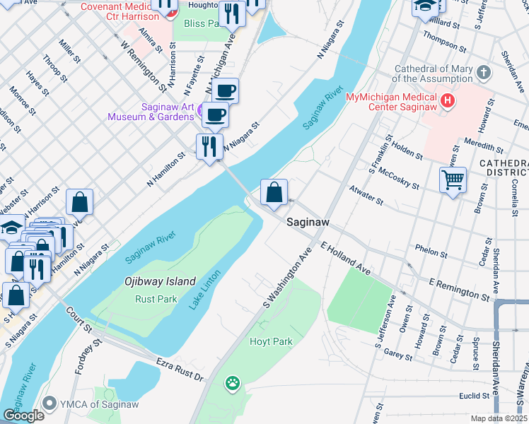 map of restaurants, bars, coffee shops, grocery stores, and more near in Saginaw