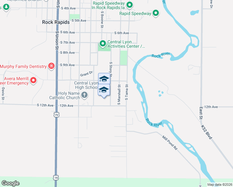 map of restaurants, bars, coffee shops, grocery stores, and more near 1000-1198 S Story St in Rock Rapids