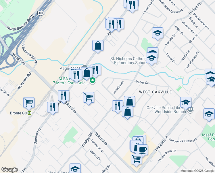 map of restaurants, bars, coffee shops, grocery stores, and more near 1387 Wren Avenue in Oakville