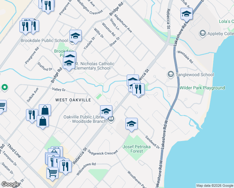 map of restaurants, bars, coffee shops, grocery stores, and more near 324 Wendy Lane in Oakville