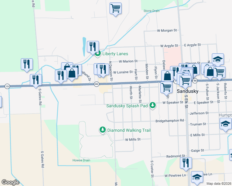 map of restaurants, bars, coffee shops, grocery stores, and more near 32 South Lamotte Street in Sandusky