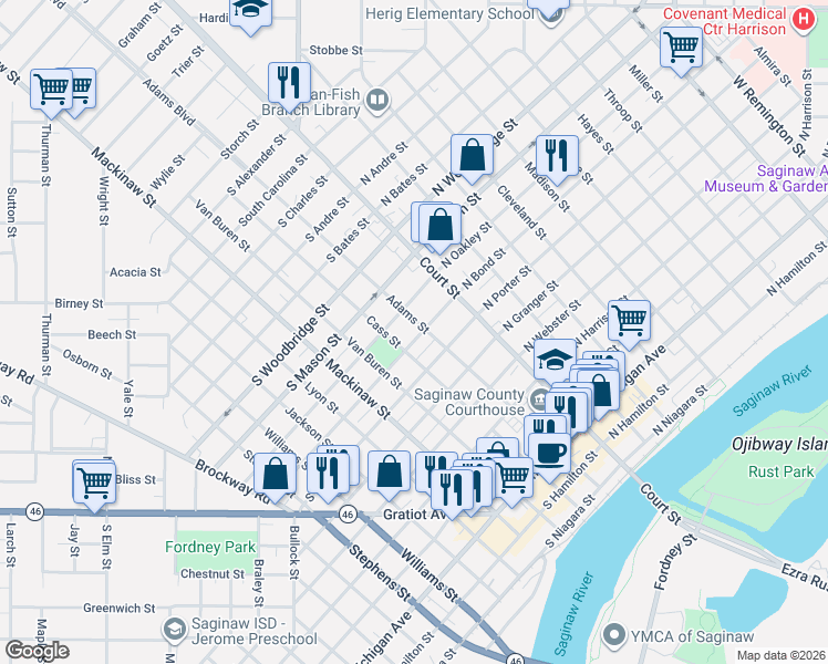 map of restaurants, bars, coffee shops, grocery stores, and more near 212 South Oakley Street in Saginaw