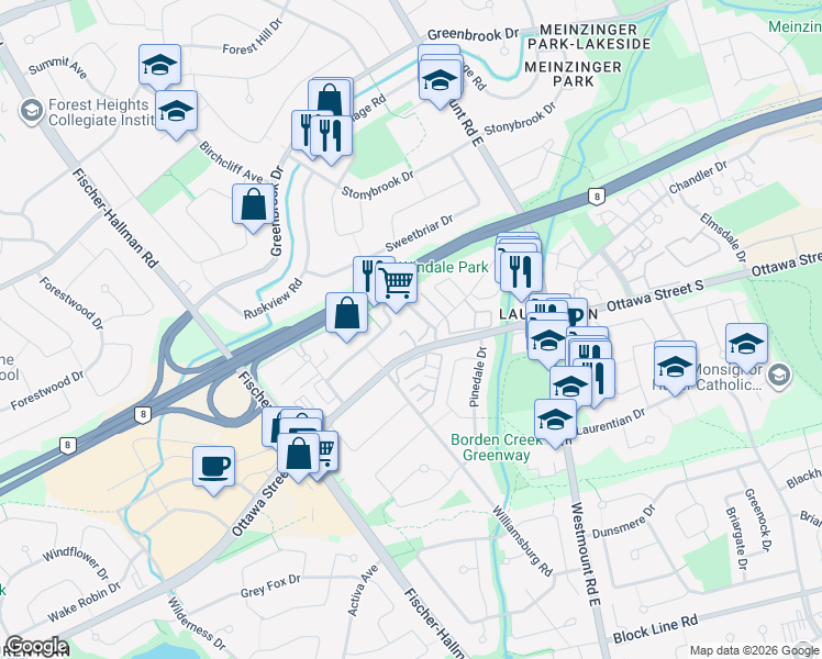 map of restaurants, bars, coffee shops, grocery stores, and more near 185 Windale Crescent in Kitchener