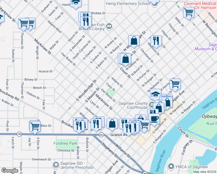 map of restaurants, bars, coffee shops, grocery stores, and more near 1221 Cass Street in Saginaw
