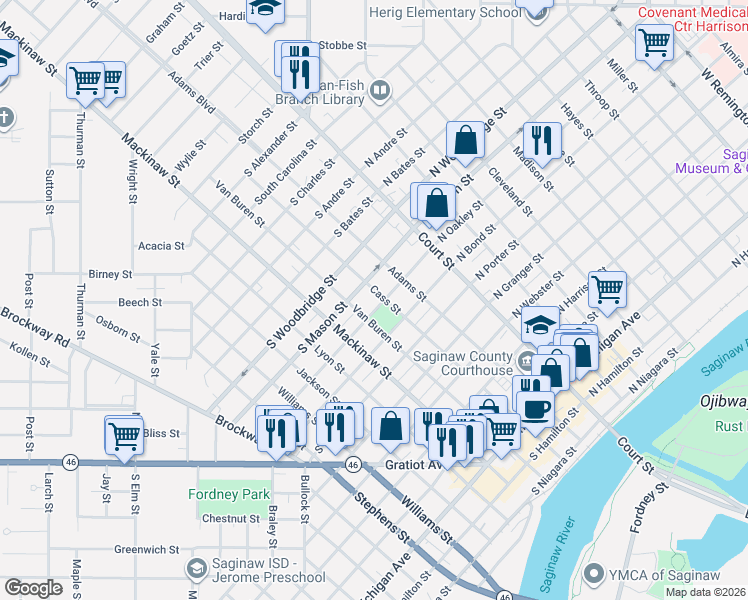 map of restaurants, bars, coffee shops, grocery stores, and more near 1221 Cass Street in Saginaw