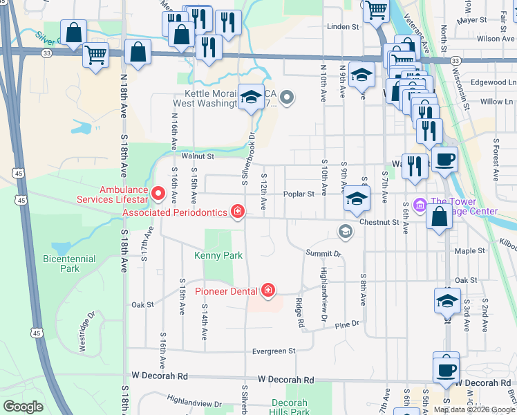 map of restaurants, bars, coffee shops, grocery stores, and more near 1203 Poplar Street in West Bend
