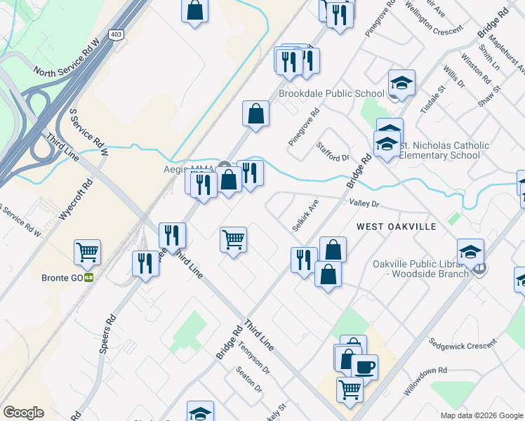map of restaurants, bars, coffee shops, grocery stores, and more near 560 Sherin Drive in Oakville