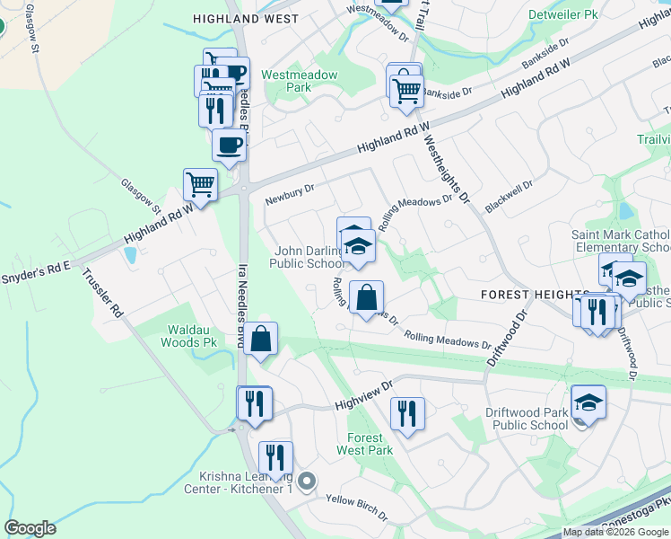 map of restaurants, bars, coffee shops, grocery stores, and more near 7 Newbury Drive in Kitchener