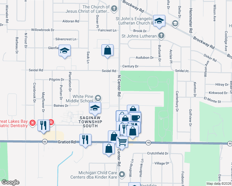 map of restaurants, bars, coffee shops, grocery stores, and more near 685 North Center Road in Saginaw