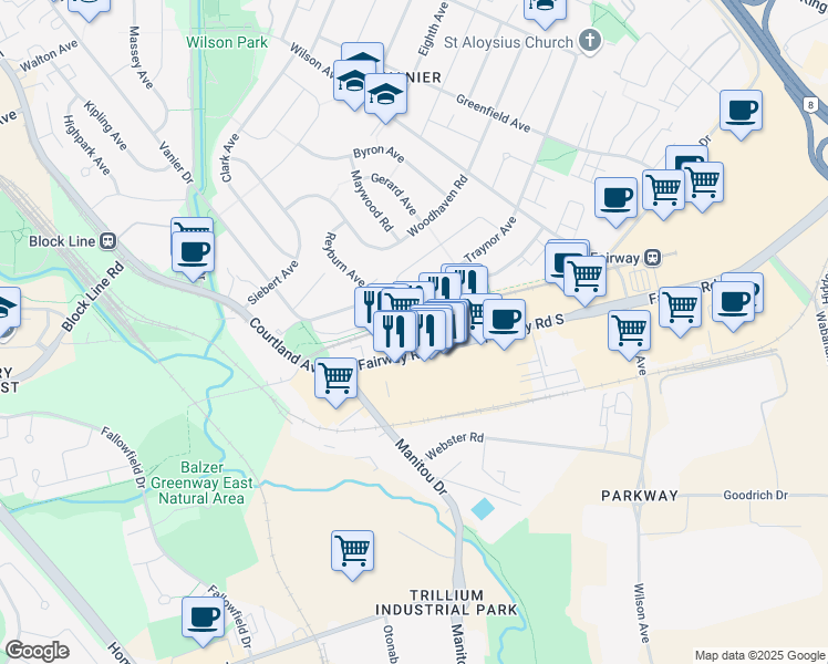 map of restaurants, bars, coffee shops, grocery stores, and more near 652 Fairway Road South in Kitchener