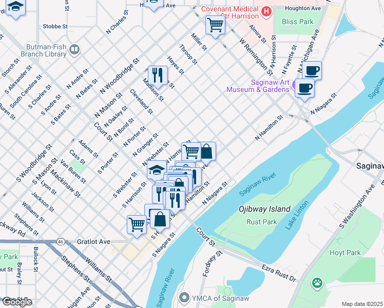 map of restaurants, bars, coffee shops, grocery stores, and more near 614 Cleveland Street in Saginaw