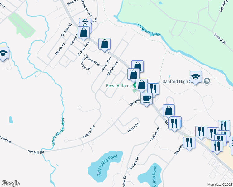 map of restaurants, bars, coffee shops, grocery stores, and more near 14 Andrew Avenue in Sanford