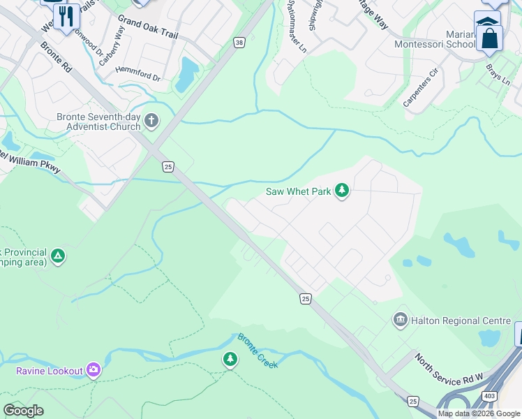 map of restaurants, bars, coffee shops, grocery stores, and more near 1390 Queens Plate Road in Oakville