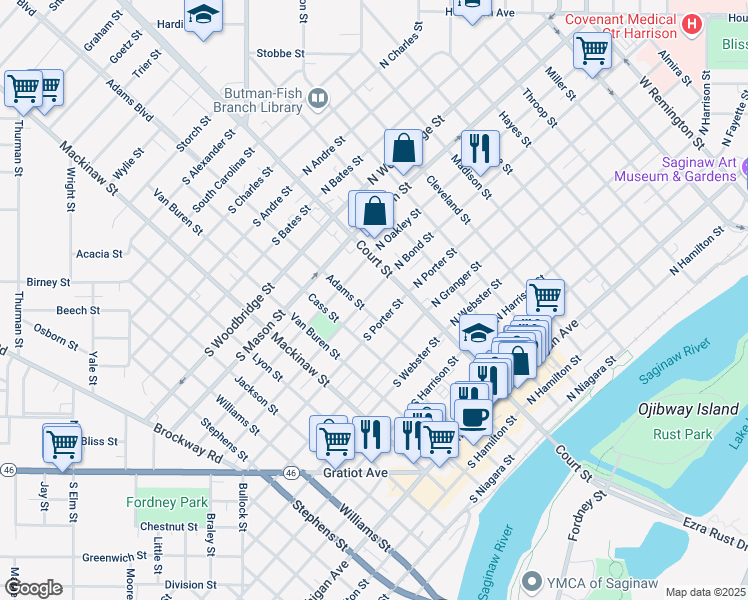 map of restaurants, bars, coffee shops, grocery stores, and more near 126 South Bond Street in Saginaw