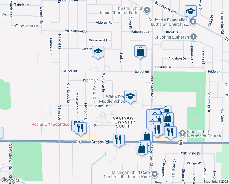 map of restaurants, bars, coffee shops, grocery stores, and more near 692 Pilgrim Drive East in Saginaw