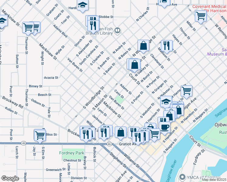 map of restaurants, bars, coffee shops, grocery stores, and more near 1221 Cass Street in Saginaw