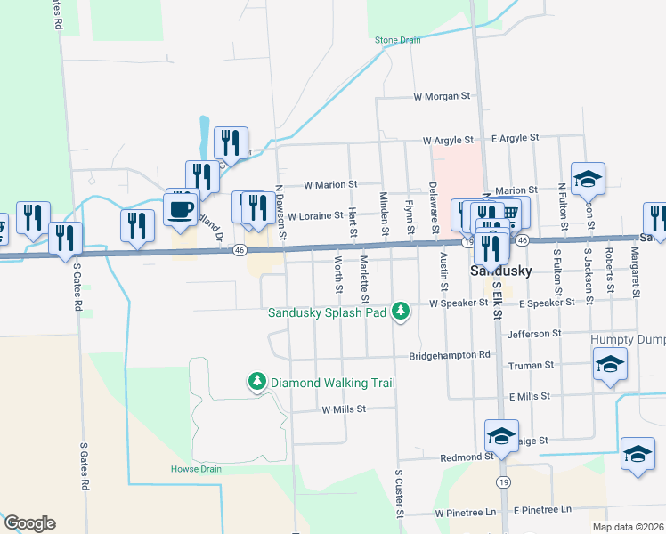 map of restaurants, bars, coffee shops, grocery stores, and more near 35 Worth Street in Sandusky