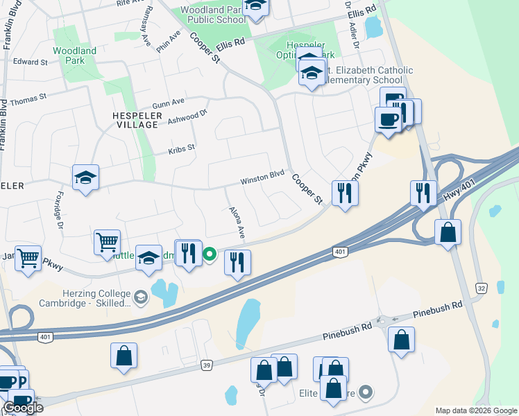 map of restaurants, bars, coffee shops, grocery stores, and more near 107 Rose Bridge Crescent in Cambridge