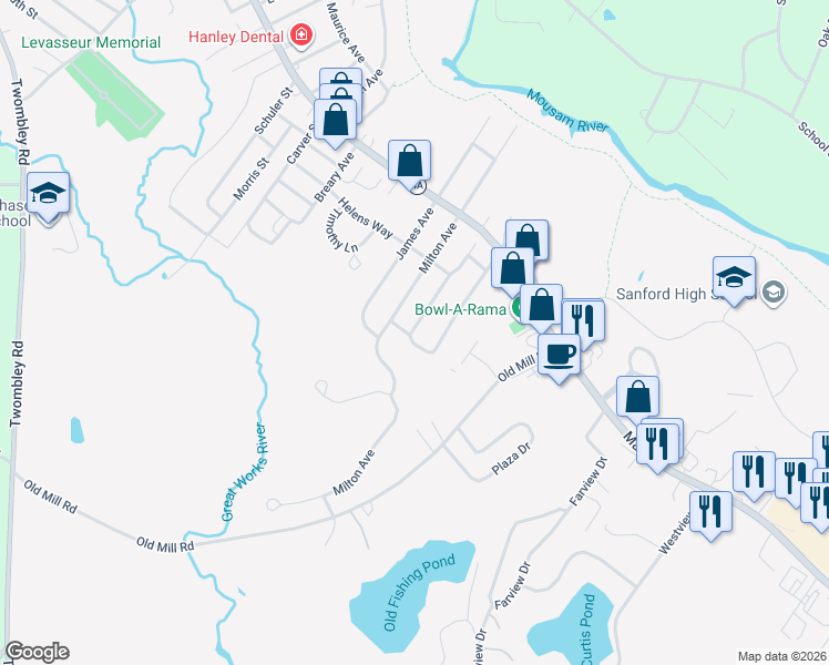 map of restaurants, bars, coffee shops, grocery stores, and more near 2 Nancy Avenue in Sanford