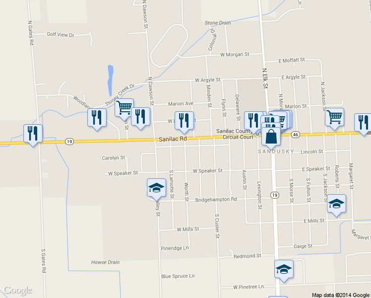 map of restaurants, bars, coffee shops, grocery stores, and more near 35 Worth Street in Sandusky