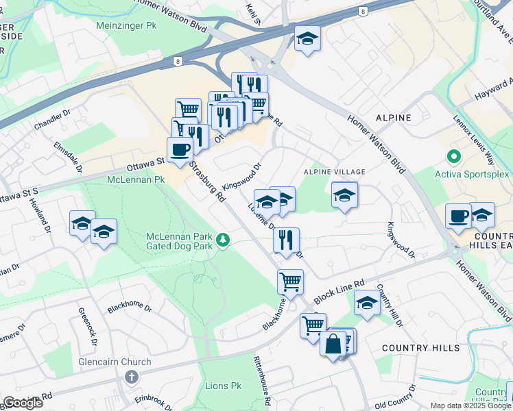 map of restaurants, bars, coffee shops, grocery stores, and more near 39 Lucerne Drive in Kitchener