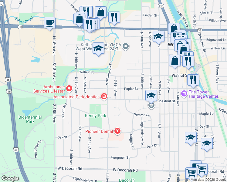 map of restaurants, bars, coffee shops, grocery stores, and more near 1203 Poplar Street in West Bend
