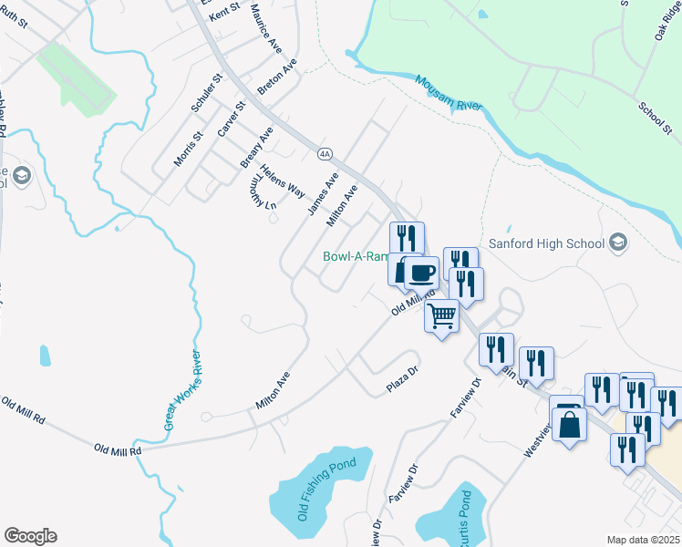 map of restaurants, bars, coffee shops, grocery stores, and more near 14 Andrew Avenue in Sanford