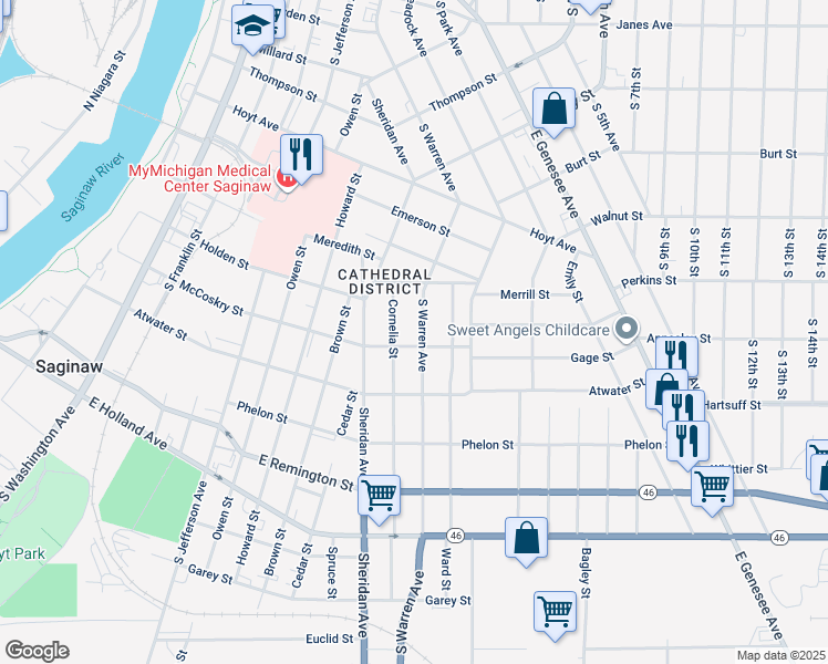map of restaurants, bars, coffee shops, grocery stores, and more near 1147 South Warren Avenue in Saginaw