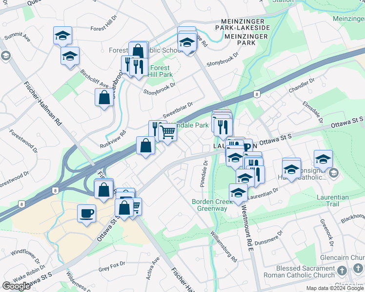 map of restaurants, bars, coffee shops, grocery stores, and more near 172 Windale Crescent in Kitchener