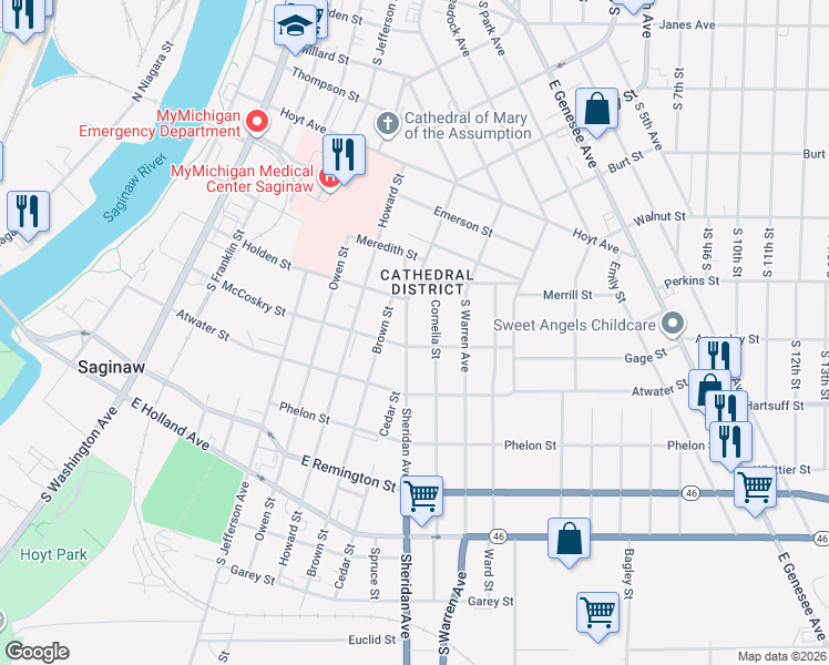 map of restaurants, bars, coffee shops, grocery stores, and more near 1030 Sheridan Avenue in Saginaw