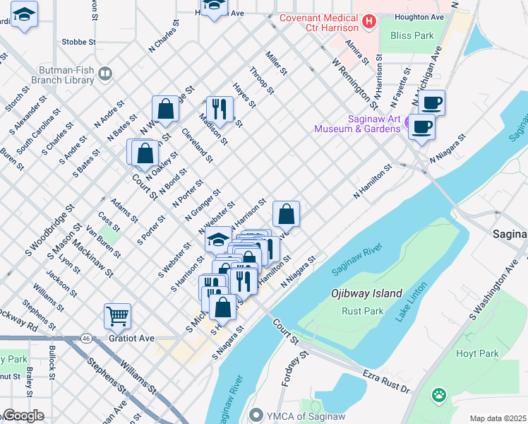 map of restaurants, bars, coffee shops, grocery stores, and more near 614 Cleveland Street in Saginaw