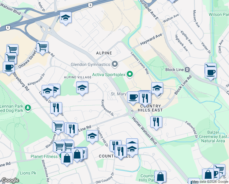 map of restaurants, bars, coffee shops, grocery stores, and more near 274 Kingswood Drive in Kitchener