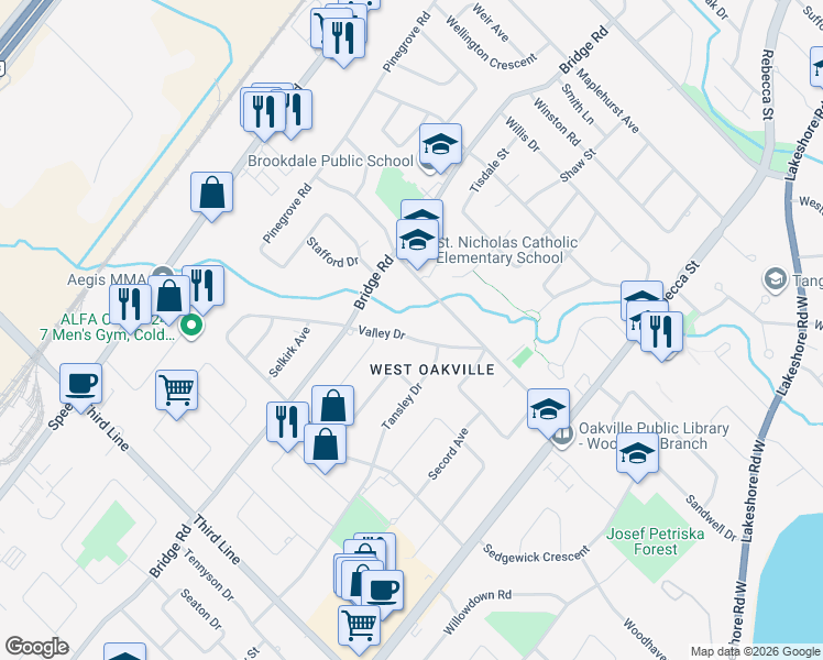 map of restaurants, bars, coffee shops, grocery stores, and more near 445 Valley Drive in Oakville