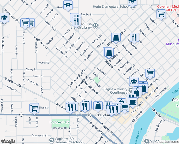 map of restaurants, bars, coffee shops, grocery stores, and more near 1221 Cass Street in Saginaw