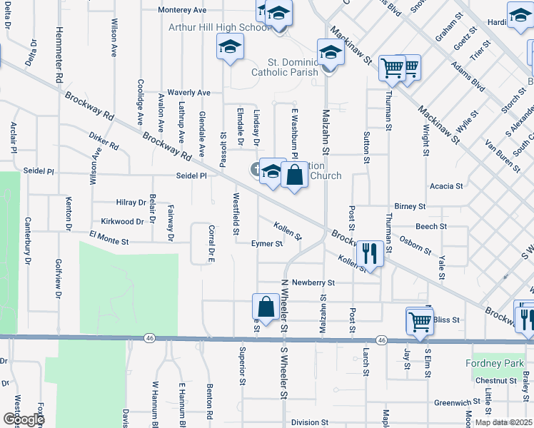 map of restaurants, bars, coffee shops, grocery stores, and more near 2032 Kollen Street in Saginaw
