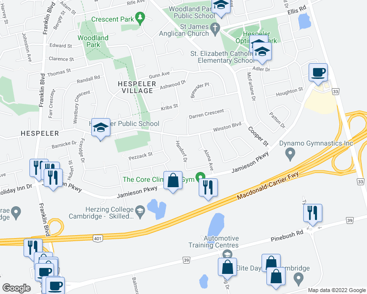 map of restaurants, bars, coffee shops, grocery stores, and more near 14 Handorf Drive in Cambridge