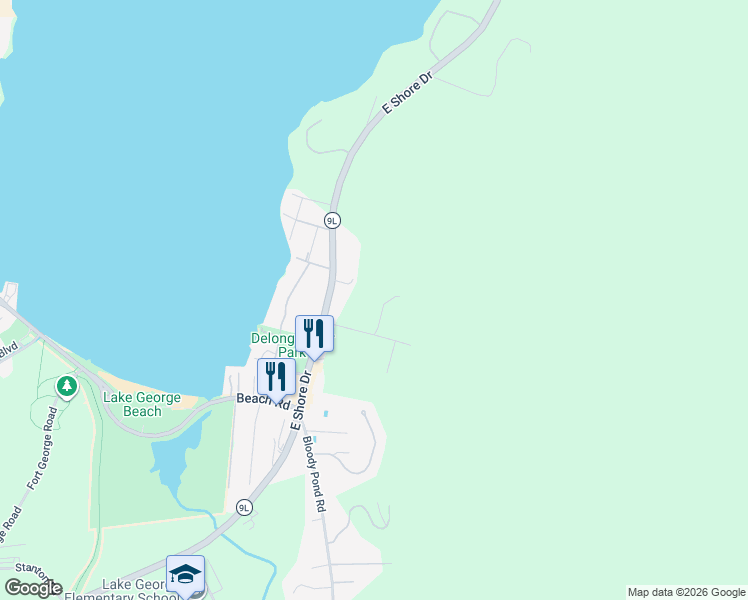 map of restaurants, bars, coffee shops, grocery stores, and more near 17 Huna Way in Lake George