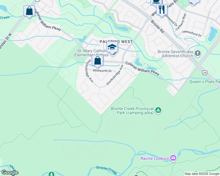 map of restaurants, bars, coffee shops, grocery stores, and more near 3244 Ribble Crescent in Oakville