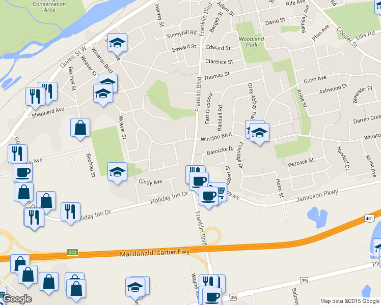 map of restaurants, bars, coffee shops, grocery stores, and more near 1496 Franklin Boulevard in Cambridge
