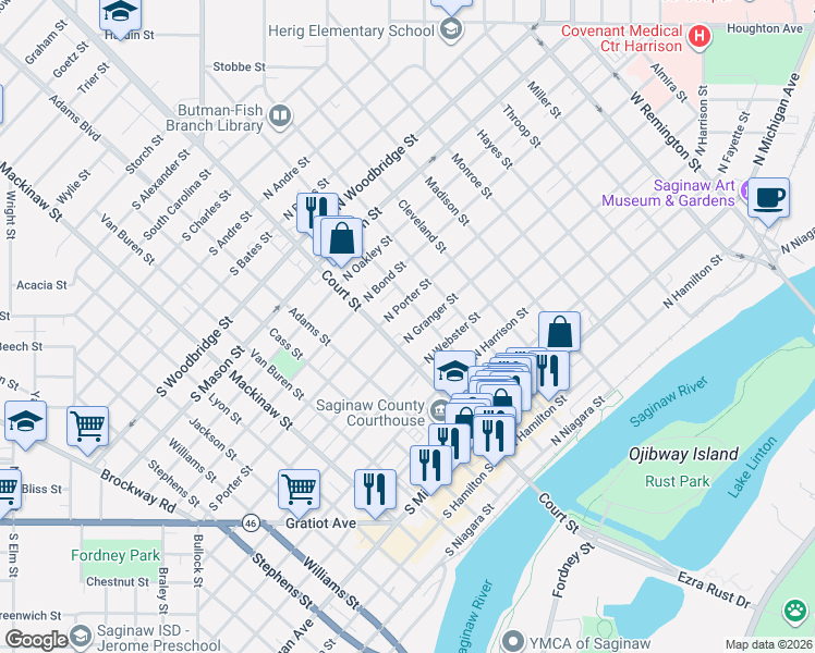 map of restaurants, bars, coffee shops, grocery stores, and more near 121 North Granger Street in Saginaw