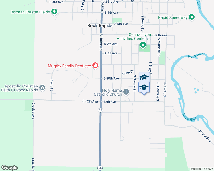 map of restaurants, bars, coffee shops, grocery stores, and more near 1000-1198 South Union Street in Rock Rapids