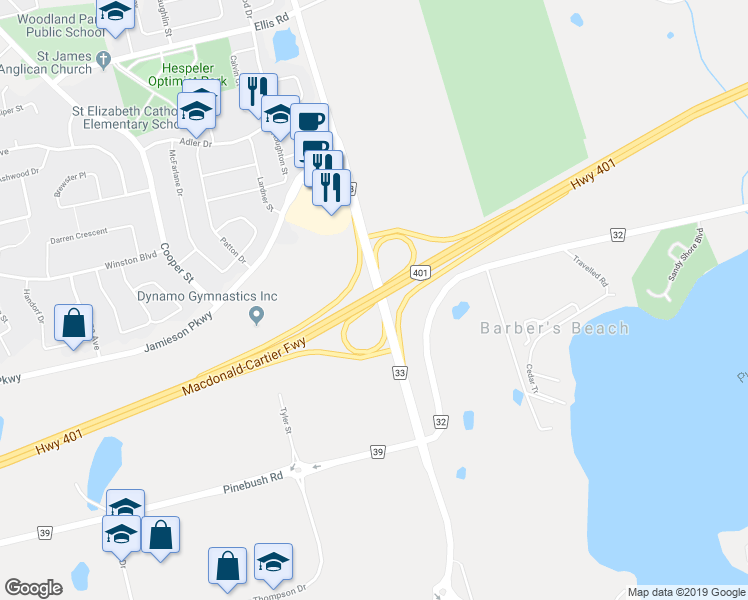 map of restaurants, bars, coffee shops, grocery stores, and more near Macdonald-Cartier Freeway in Cambridge