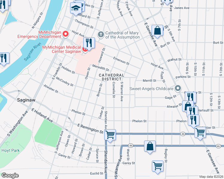 map of restaurants, bars, coffee shops, grocery stores, and more near 1030 Sheridan Avenue in Saginaw