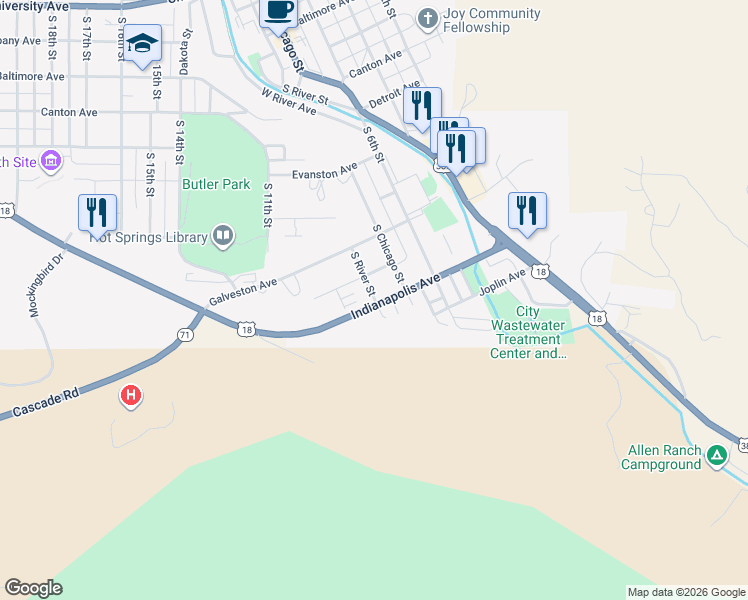 map of restaurants, bars, coffee shops, grocery stores, and more near 800 Indianapolis Avenue in Hot Springs