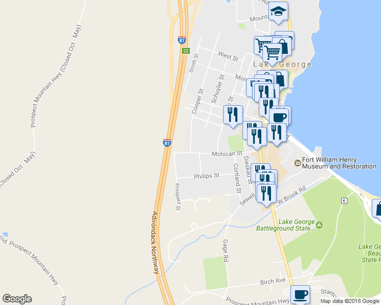 map of restaurants, bars, coffee shops, grocery stores, and more near Cooper St & Mohican St in Lake George
