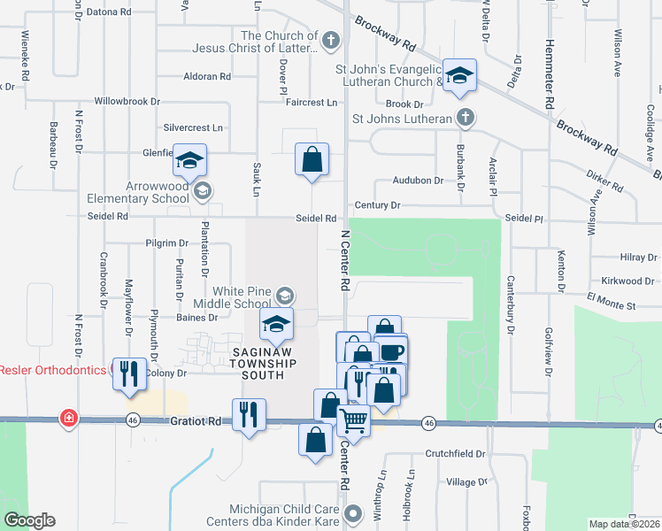 map of restaurants, bars, coffee shops, grocery stores, and more near 685 North Center Road in Saginaw