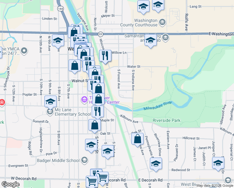 map of restaurants, bars, coffee shops, grocery stores, and more near Auxiliary Court in West Bend