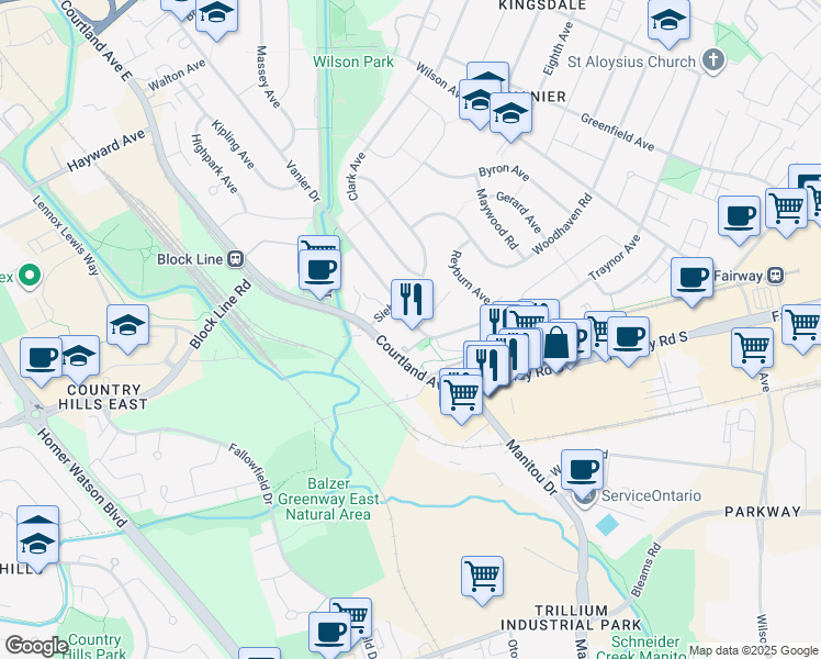 map of restaurants, bars, coffee shops, grocery stores, and more near 551 Vanier Drive in Kitchener